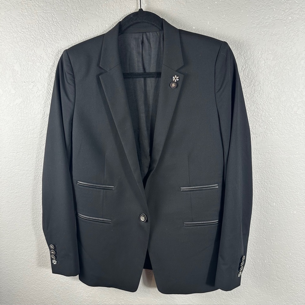 The Kooples Black Single Button Lamb Skin Leather Trim Embellished Blazer